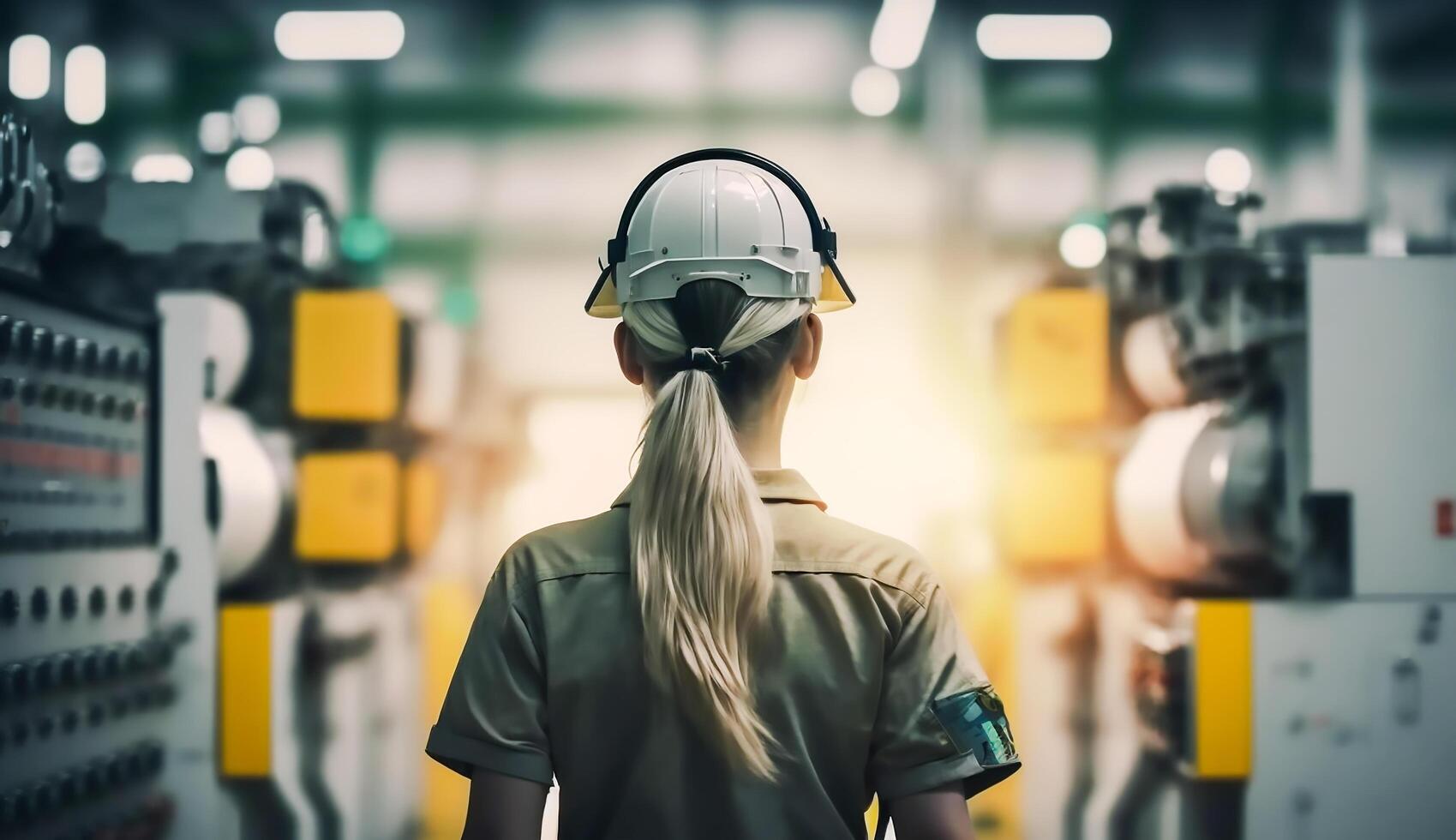 retour vue de ingénieur femme en marchant dans usine, directeur vérifier et inspecteur concept, génératif ai photo