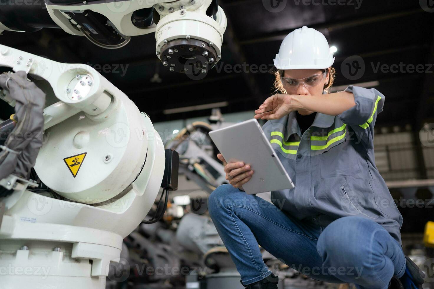 une femelle ingénieur installe une programme sur une la robotique bras dans une robot entrepôt. et tester le opération avant Envoi en cours le machine à le client. photo