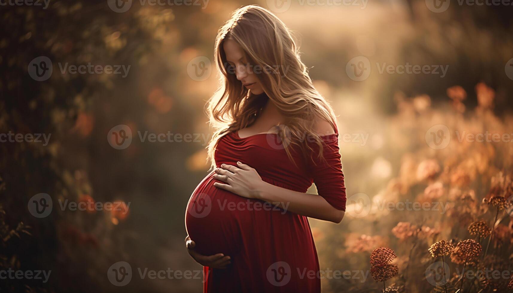 Jeune Enceinte femme embrassement la nature beauté en plein air généré par ai photo