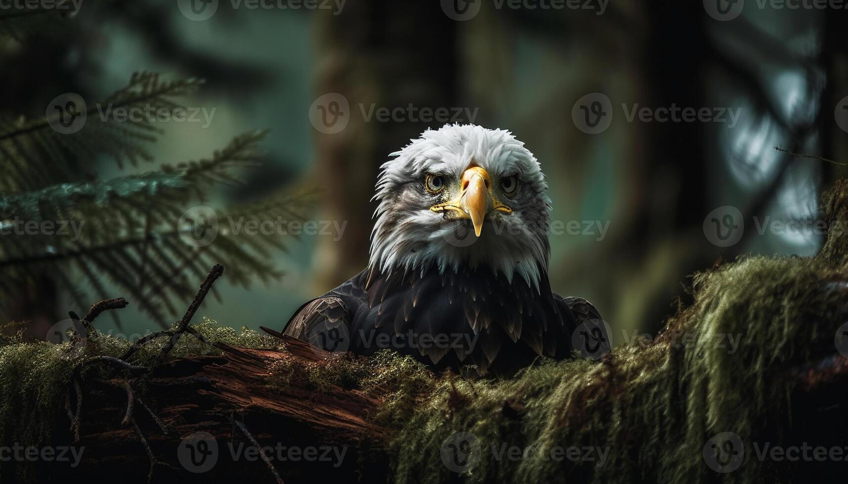 majestueux chauve Aigle perché sur branche à l'extérieur généré par ai photo