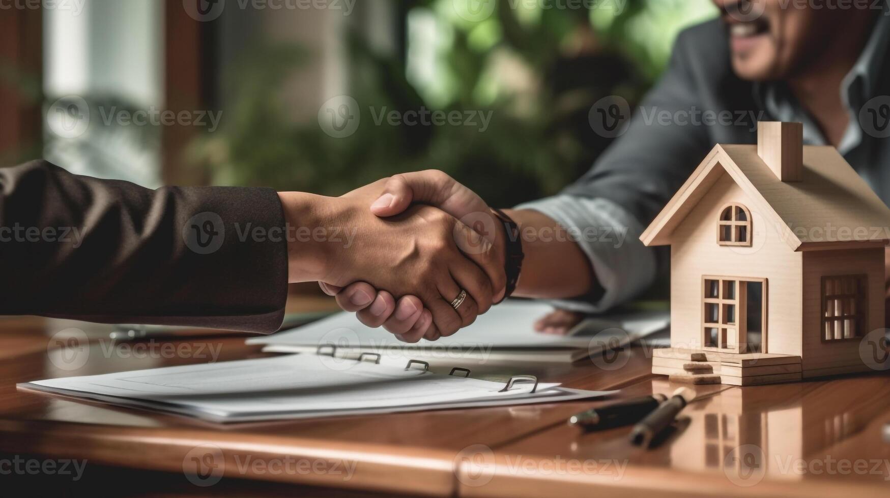 Accueil acheteurs rencontrer et négocier avec réel biens agents à propos location, main secouer de banquier avec client, génératif ai photo