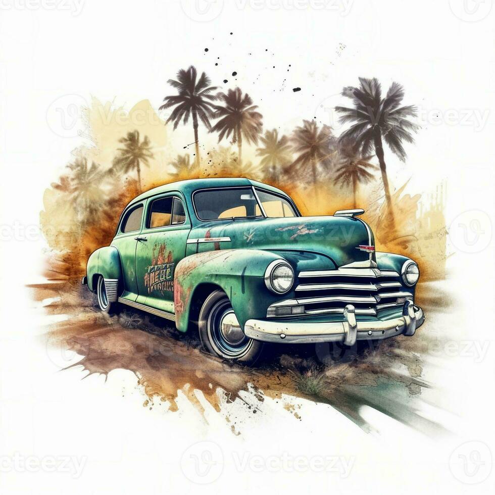 classique voiture dans plage scène, aquarelle paume plage tropical Contexte. ai art photo