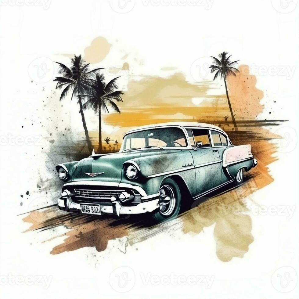 classique voiture dans plage scène, aquarelle paume plage tropical Contexte. ai art photo