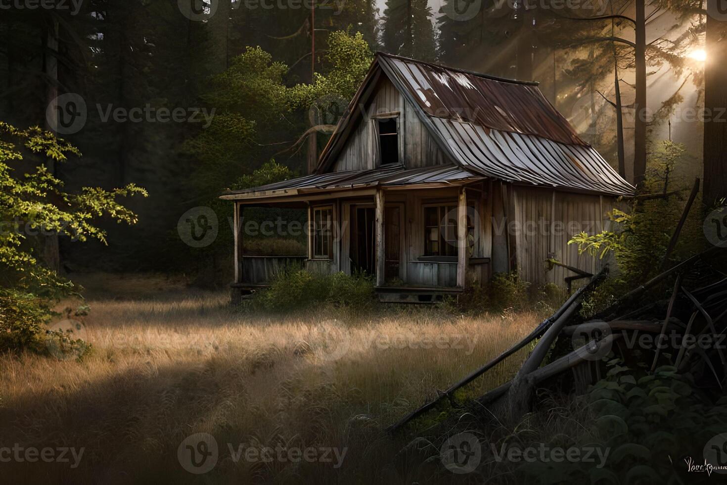 une photographier de un abandonné maison niché dans le cœur de une forêt. génératif ai photo