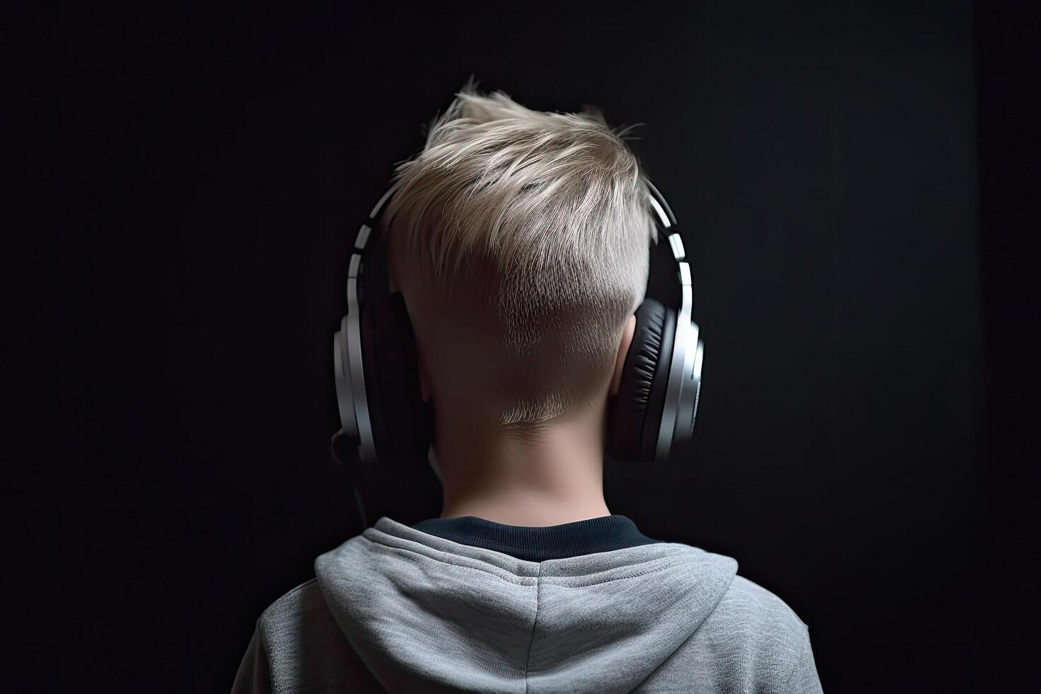 Jeune garçon écoute à la musique avec écouteurs sur une noir Contexte. retour voir, une Jeune garçon plein arrière vue avec casque de musique écoute musique, ai généré photo