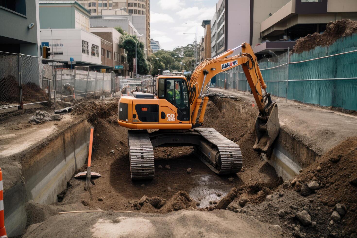 lourd devoir construction équipement travail à construction placer. un excavatrice creusement une Profond fosse sur un Urbain route, ai généré photo