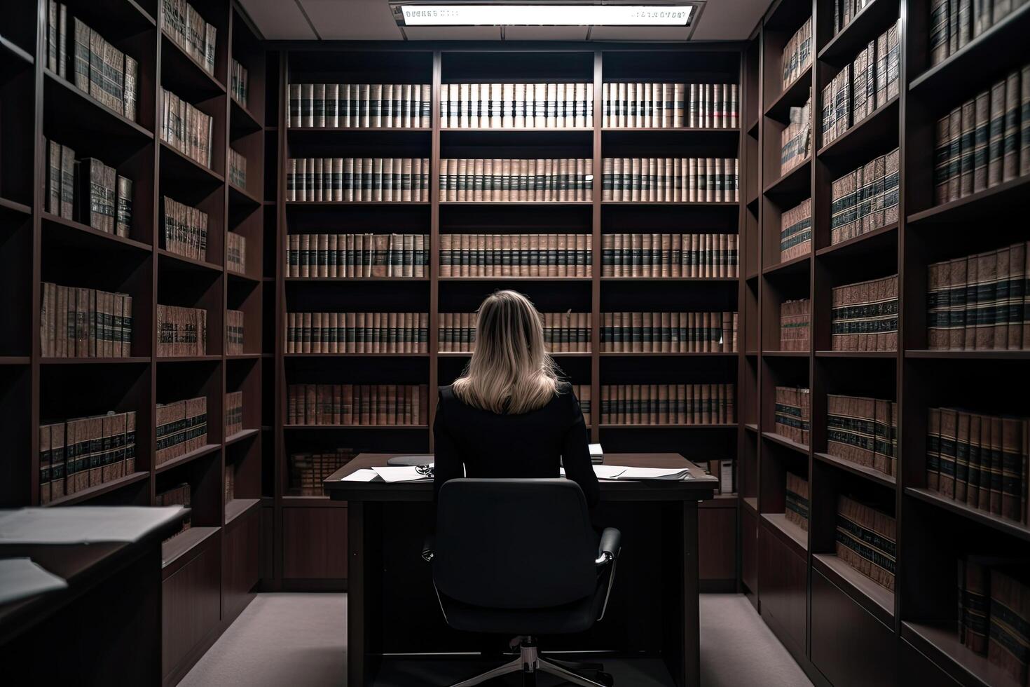 arrière vue de une femme séance à le table dans le bibliothèque, une femelle avocat séance en toute confiance immergé dans légal travail, ai généré photo