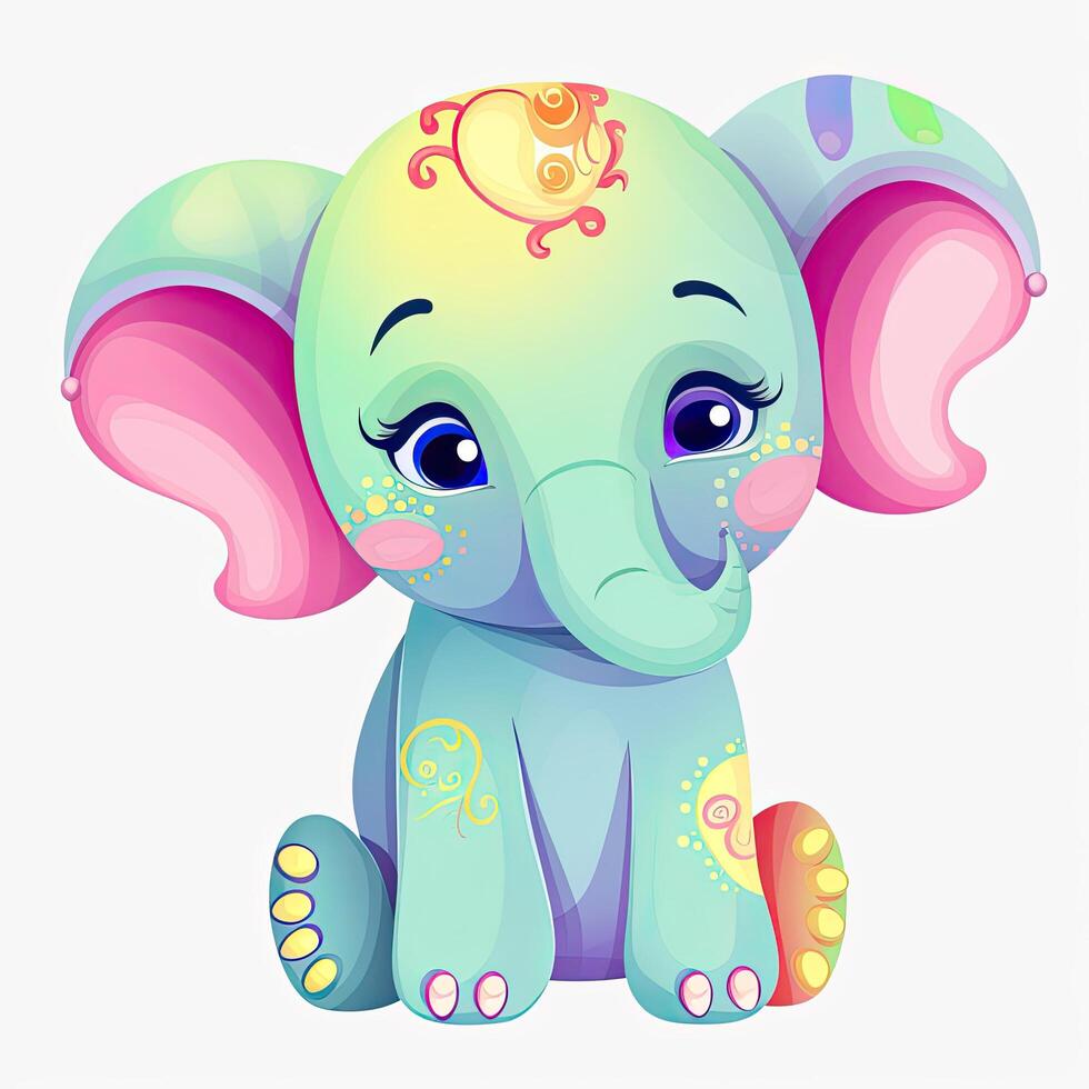 coloré l'éléphant séance ensemble conception pour des gamins coloration pages. coloré bébé l'éléphant dessin animé avec Couleur éclaboussures. mignonne l'éléphant bébé dessin animé illustration sur une blanc Contexte. ai généré. photo