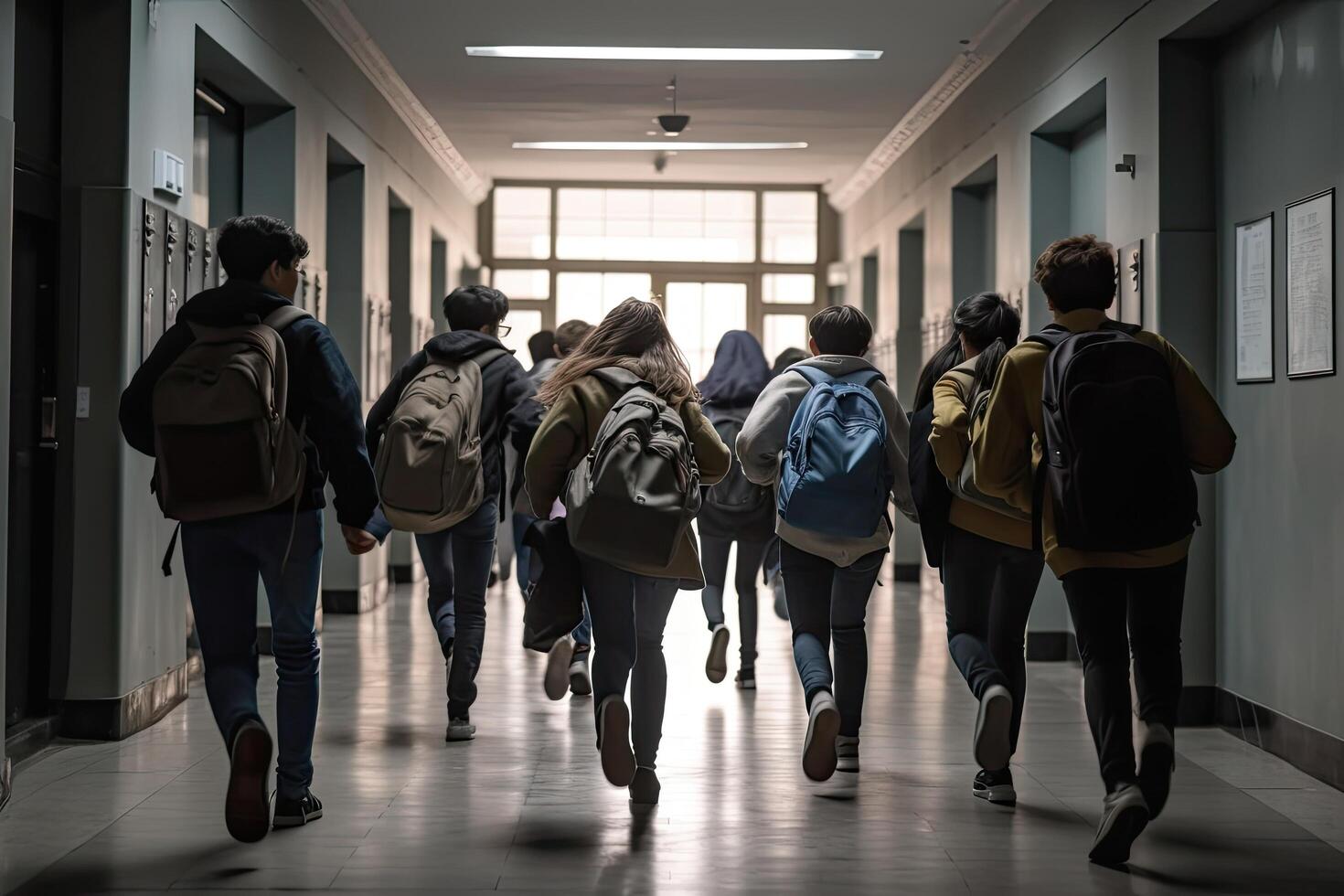 arrière vue de une groupe de élèves en marchant dans couloir à école, une groupe de haute école des gamins avec école Sacs sur leur dos, en marchant ensemble vers le bas le couloir, ai généré photo
