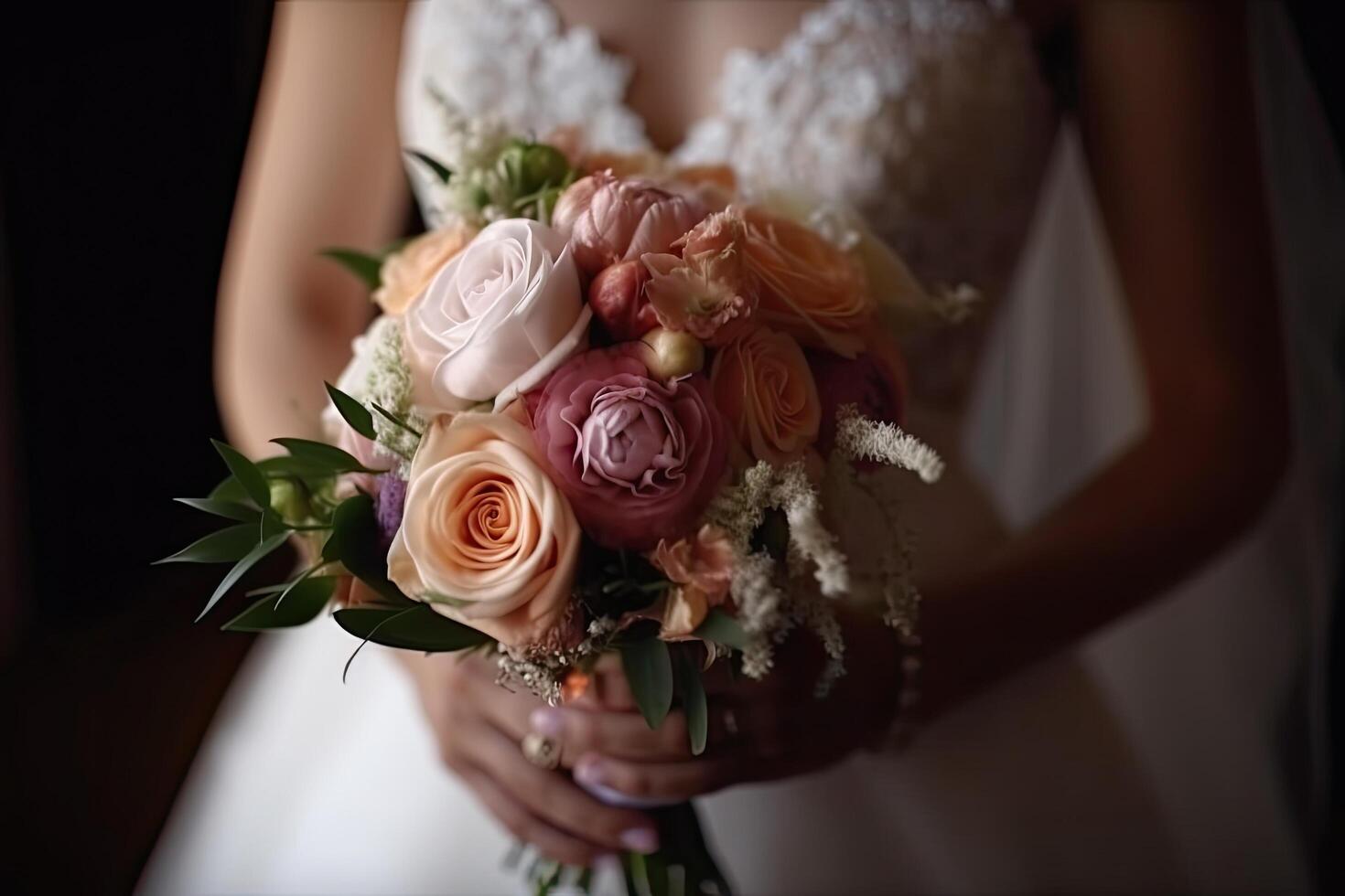 magnifique de mariée bouquet dans le mains de le mariée, fermer, la mariée en portant une magnifique mariage bouquet proche à sa poitrine, ai généré photo