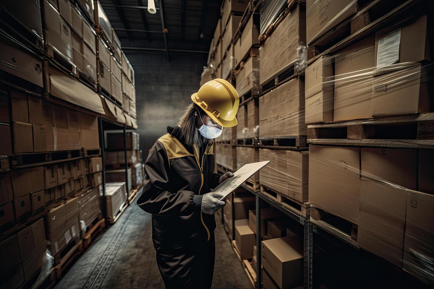 femelle entrepôt ouvrier portant une protecteur masque et en portant une presse-papiers. cette est une cargaison transport et Distribution entrepôt. industriel et industriel ouvriers concept, ai généré photo