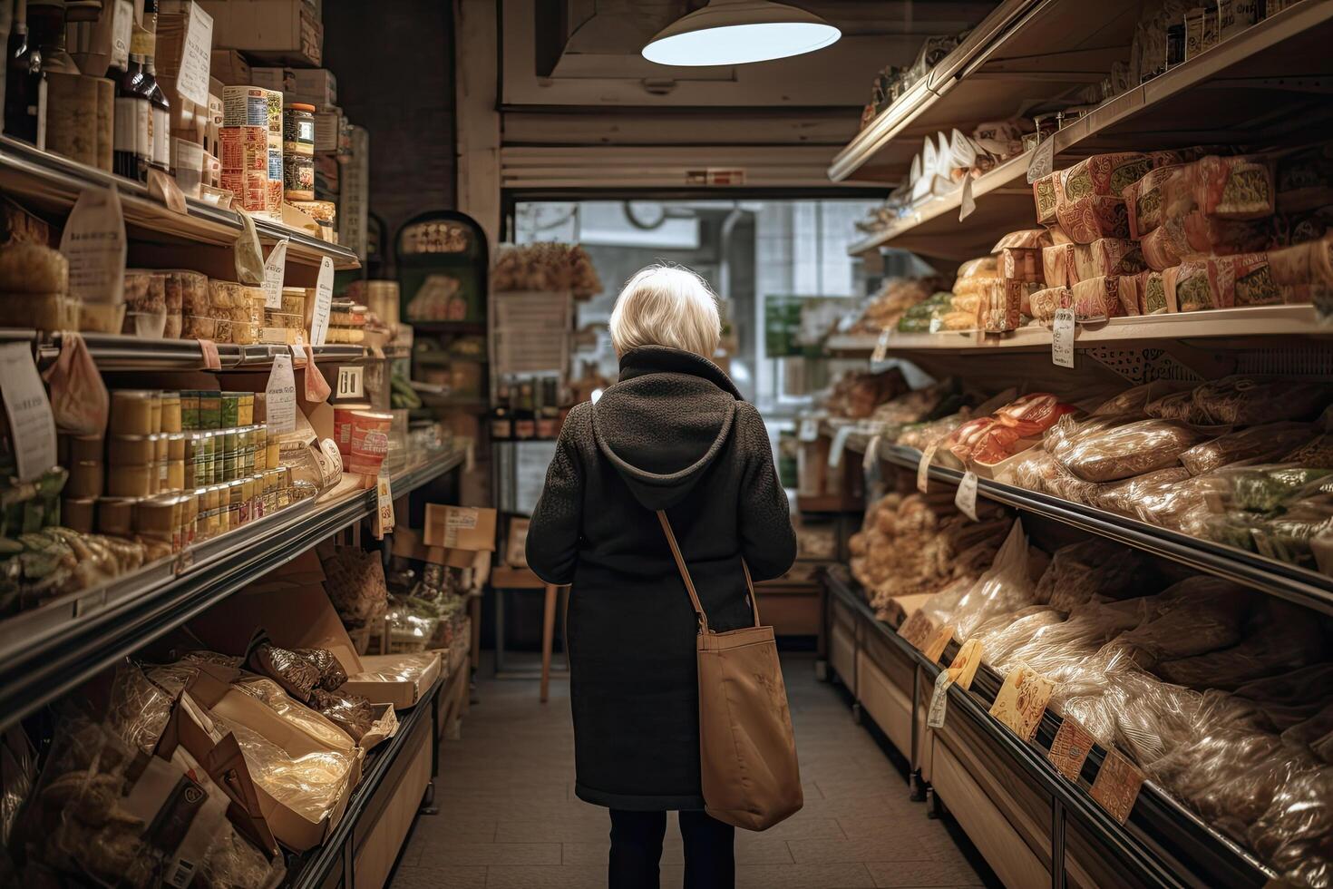 femme achats dans une épicerie magasin. arrière vue de un personnes âgées femme achat nourriture dans une épicerie magasin. une femme plein arrière vue achats dans une nourriture boutique, ai généré photo