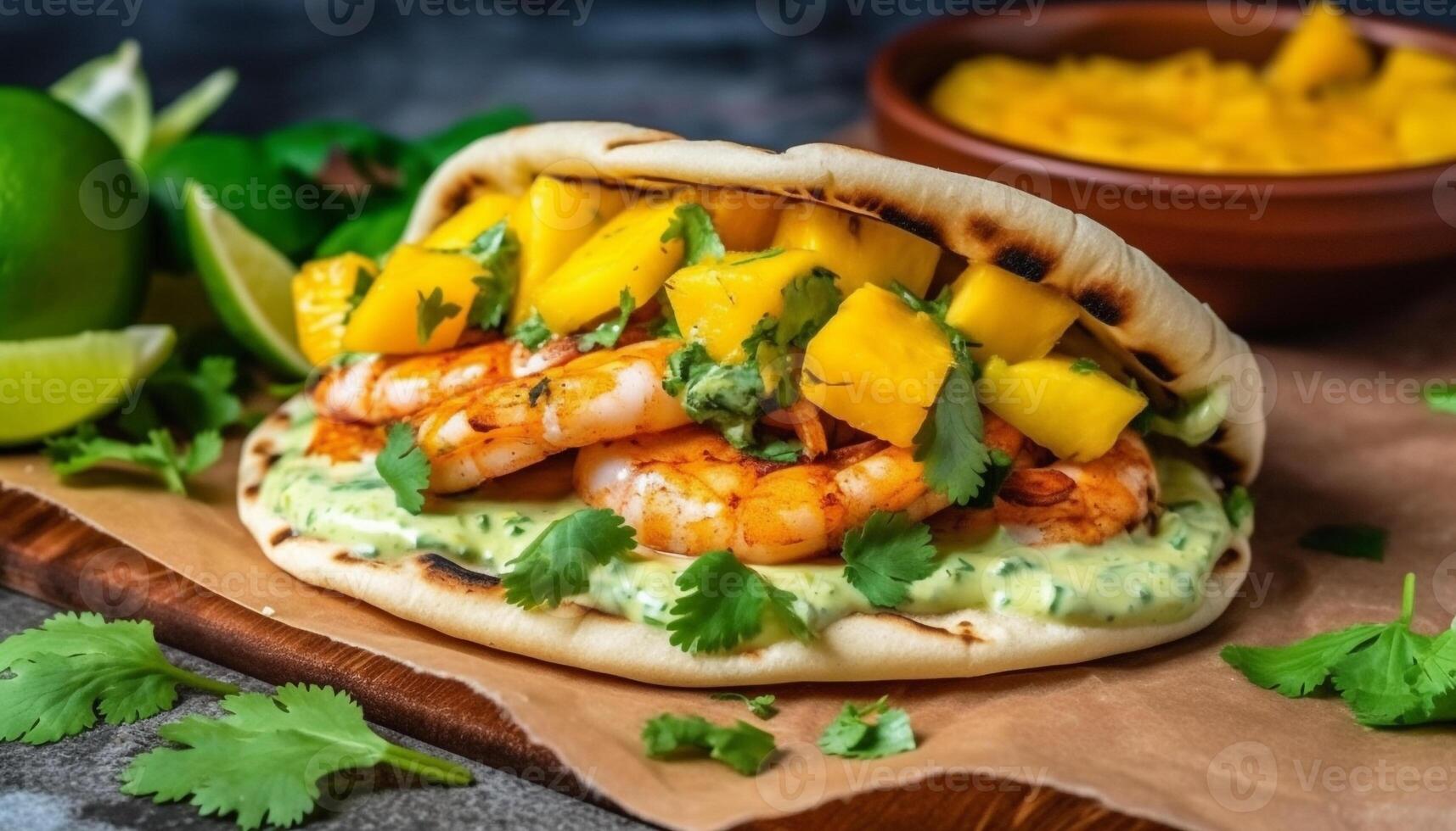 grillé du boeuf taco avec guacamole, coriandre, et Frais des légumes généré par ai photo