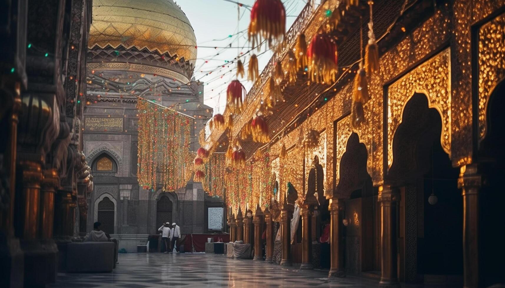 Hommes prier à illuminé bleu mosquée, symbole de milieu est culture généré par ai photo