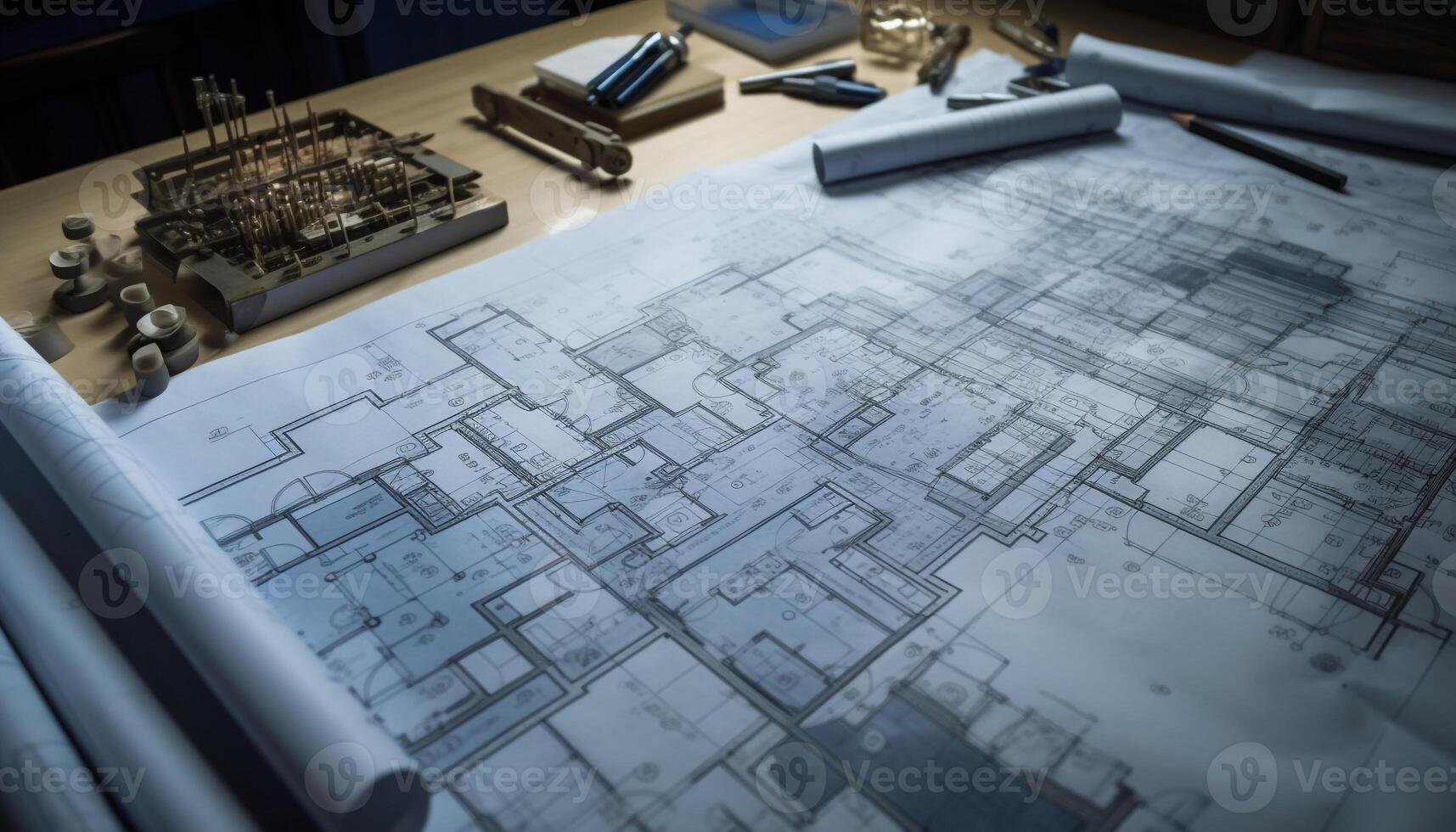 plans, des plans, et croquis le outils de moderne architecture généré par ai photo