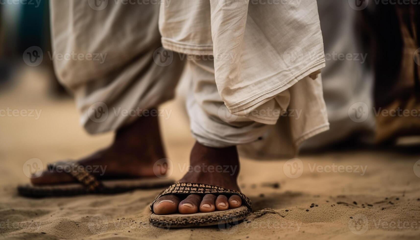 pieds nus famille en marchant sur sable, profiter été vacances ensemble généré par ai photo