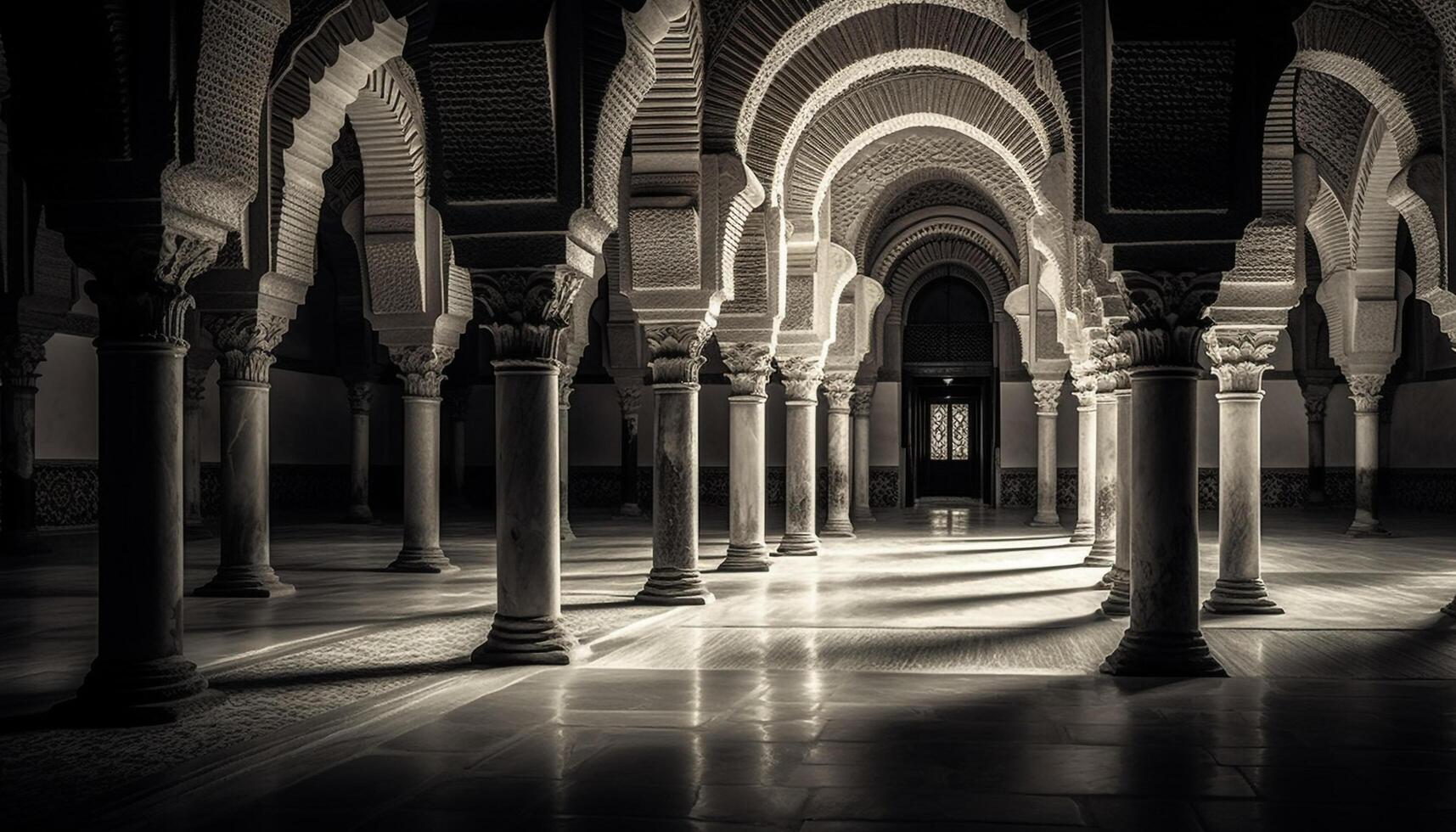 ancien une abbaye gothique arches conduire à vaguement généré par ai photo