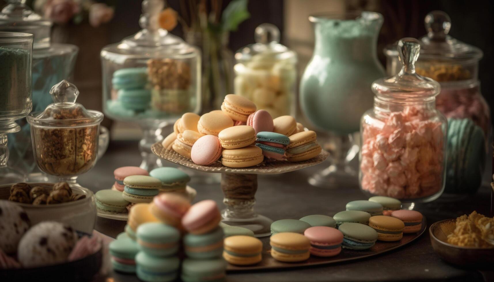 multi coloré macarons, une gourmet français indulgence, arrangé sur rustique bois généré par ai photo