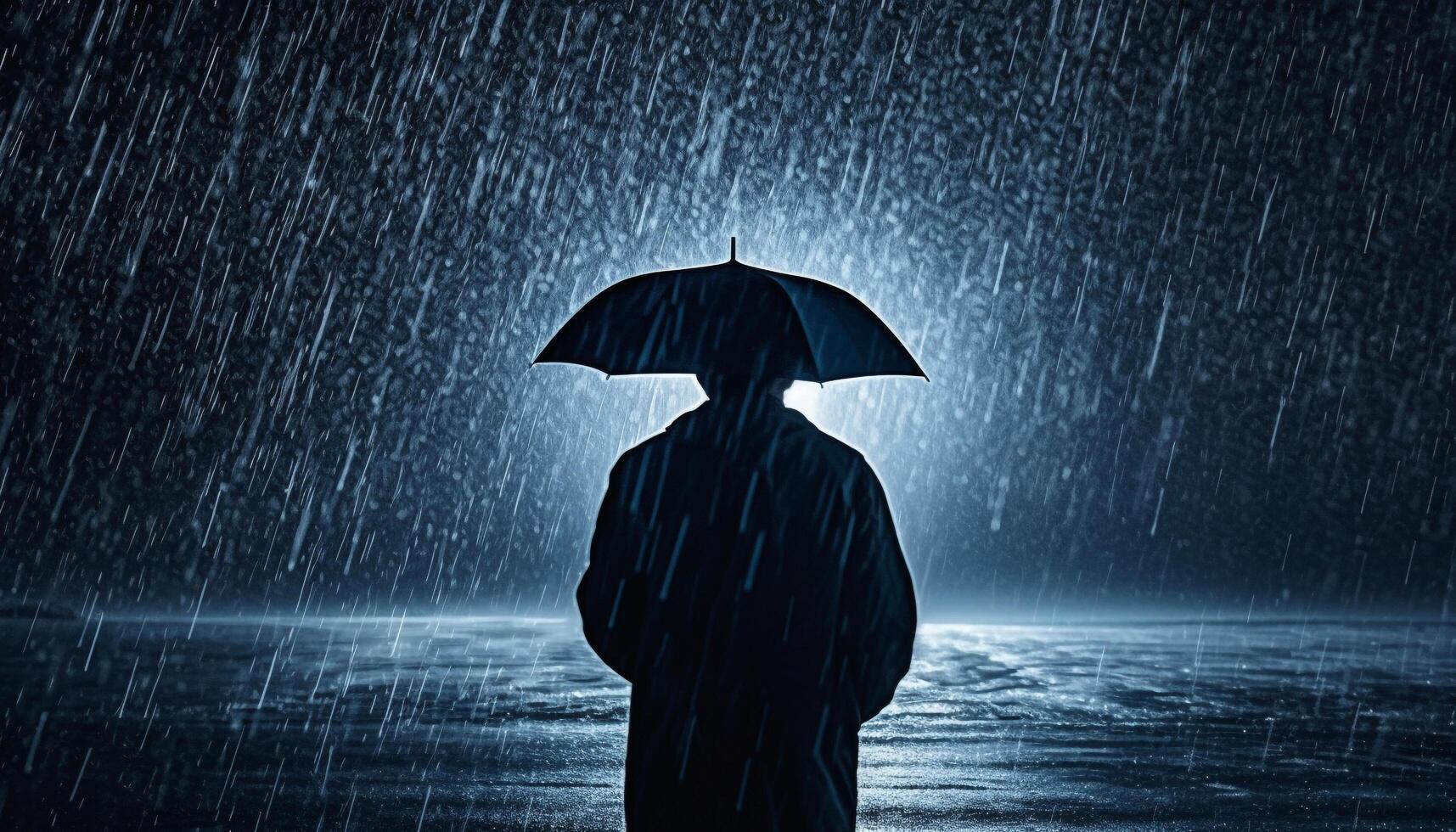 un la personne permanent dans le pluie, abri en dessous de parapluie généré par ai photo