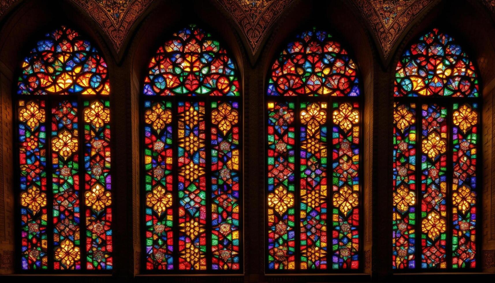 coloré verre fenêtre dans gothique style une abbaye, symbolisant christianisme généré par ai photo