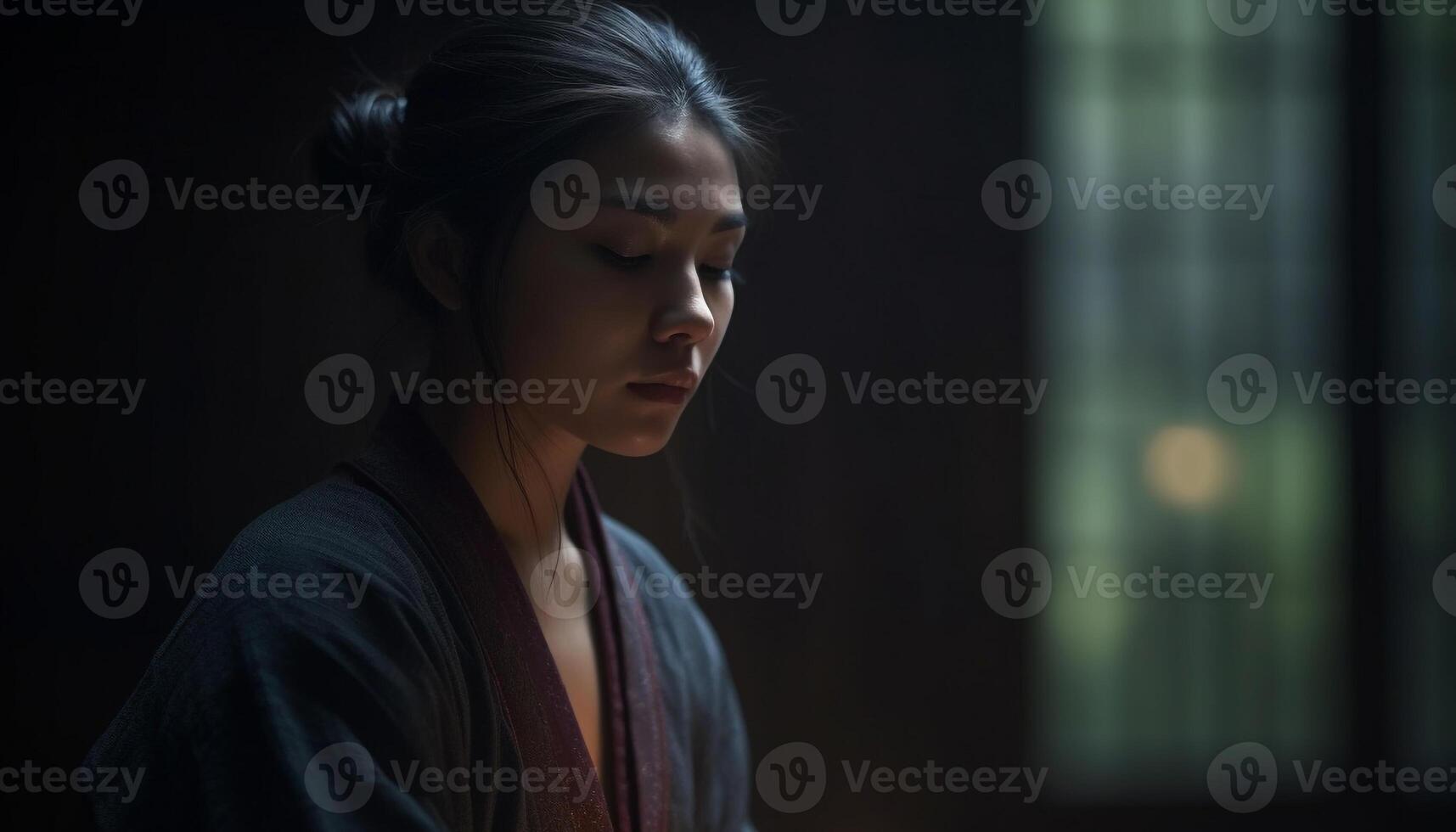 Jeune femme à la recherche triste, à l'intérieur, marron cheveux, solitude, solitude généré par ai photo