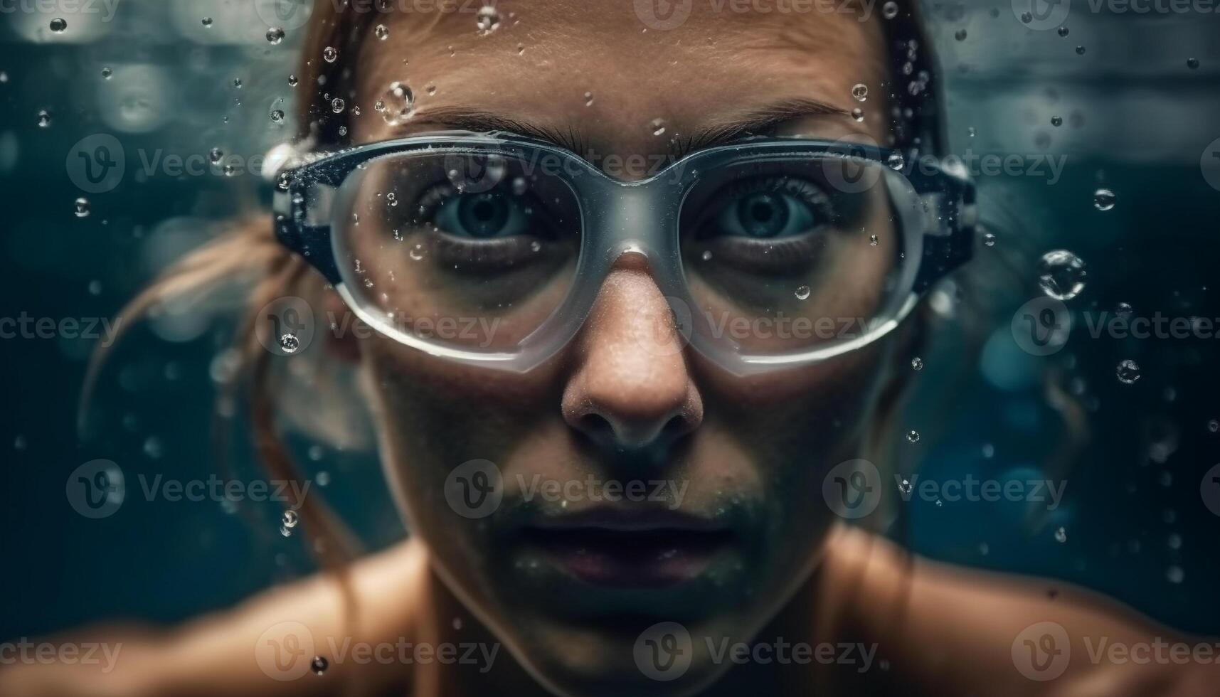 humide adulte sous-marin, nager avec des lunettes de protection sur génératif ai photo