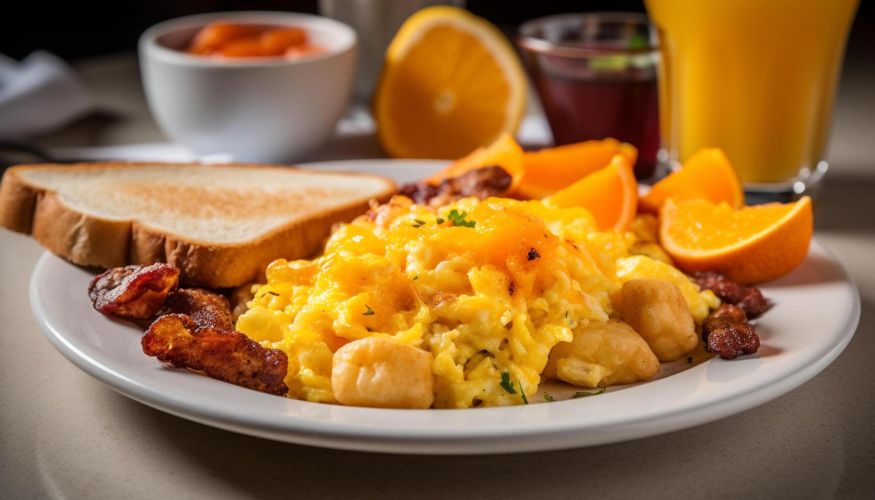 Frais gourmet petit déjeuner assiette avec brouillé des œufs génératif ai photo