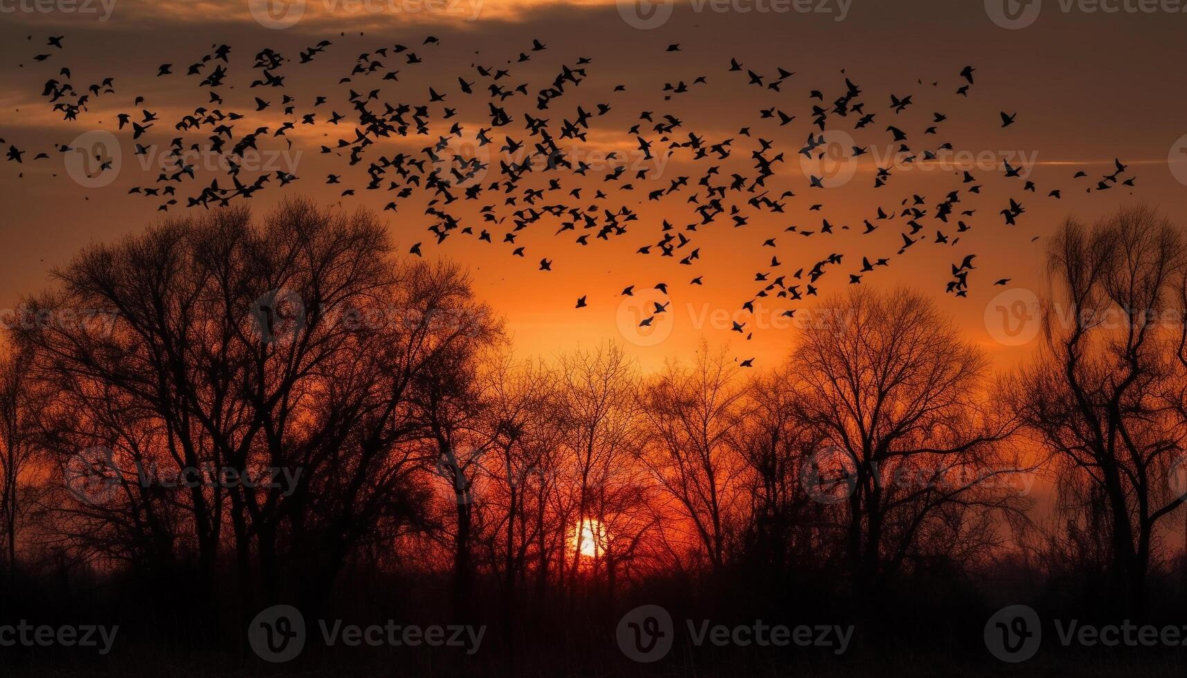 silhouette de en volant des oiseaux dans vibrant le coucher du soleil généré par ai photo