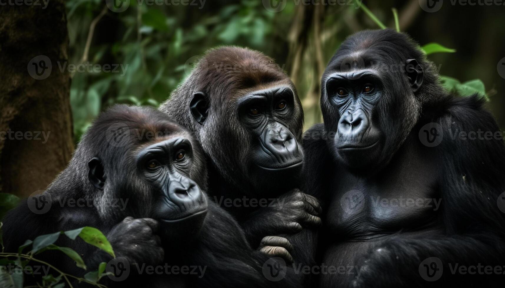 noir primate famille séance dans tropical forêt tropicale généré par ai photo