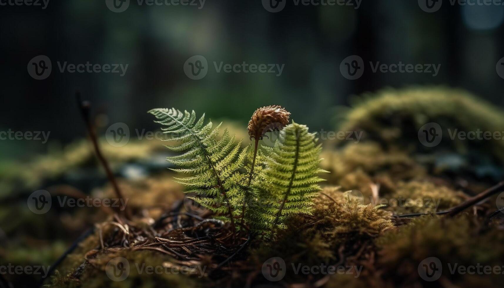 vert fougère fronde spirales dans humide forêt généré par ai photo