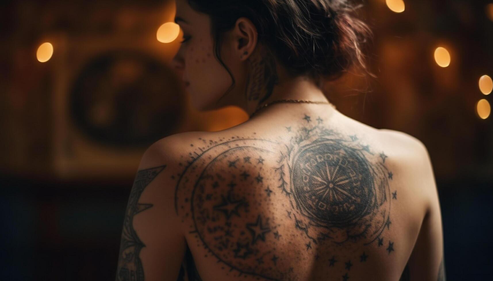 nu Jeune femme tatouage sa épaule en plein air généré par ai photo