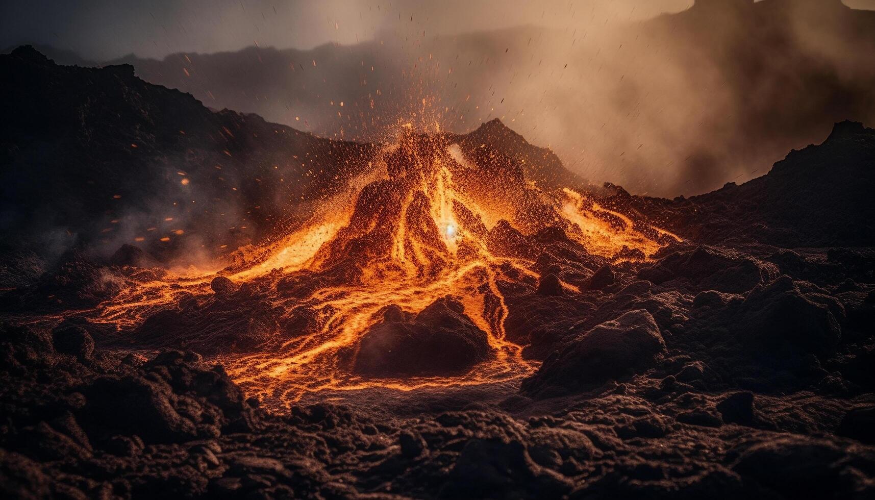 brûlant Montagne éclate, fumée et cendre remplir ciel généré par ai photo