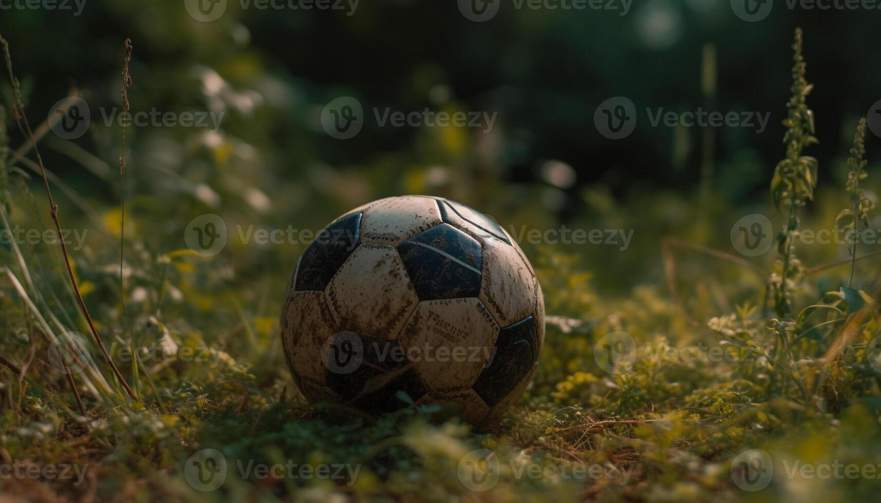 vert herbe, bleu ciel, football Balle mouches généré par ai photo