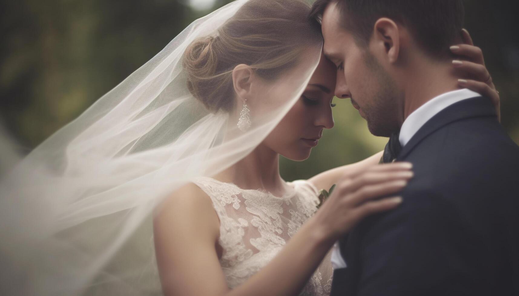 nouveau marié couple embrasse dans magnifique Extérieur mariage généré par ai photo