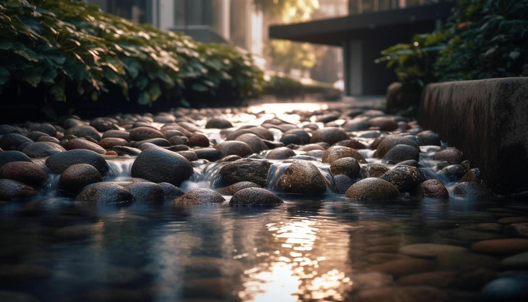 réflexion de arbre dans humide Roche étang généré par ai photo