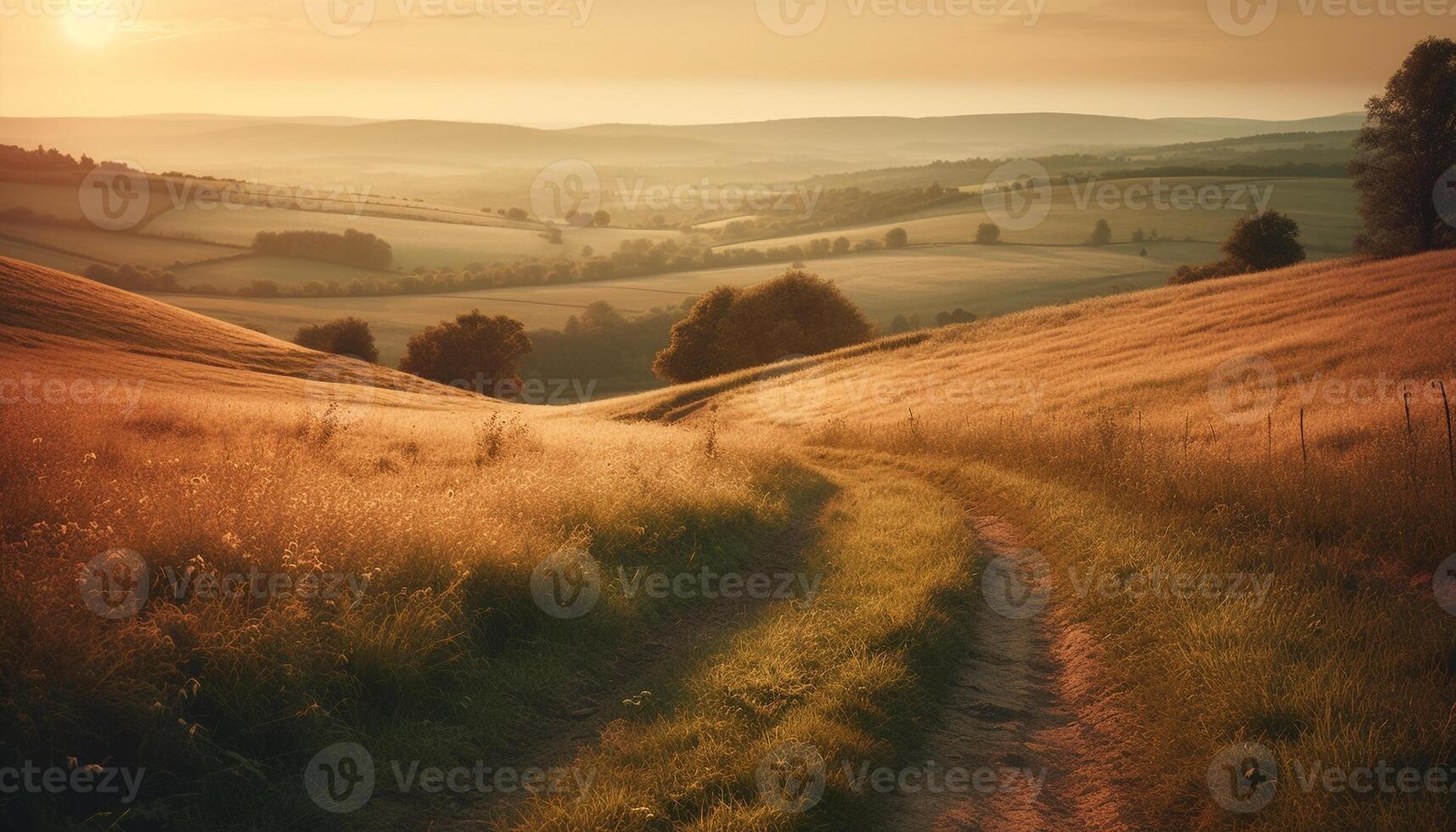 tranquille rural scène, la nature beauté à le coucher du soleil généré par ai photo