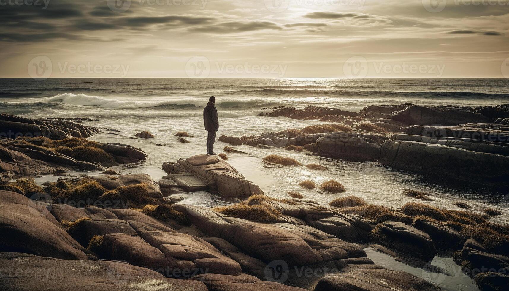 Jeune adulte permanent sur osciller, en train de regarder le coucher du soleil généré par ai photo