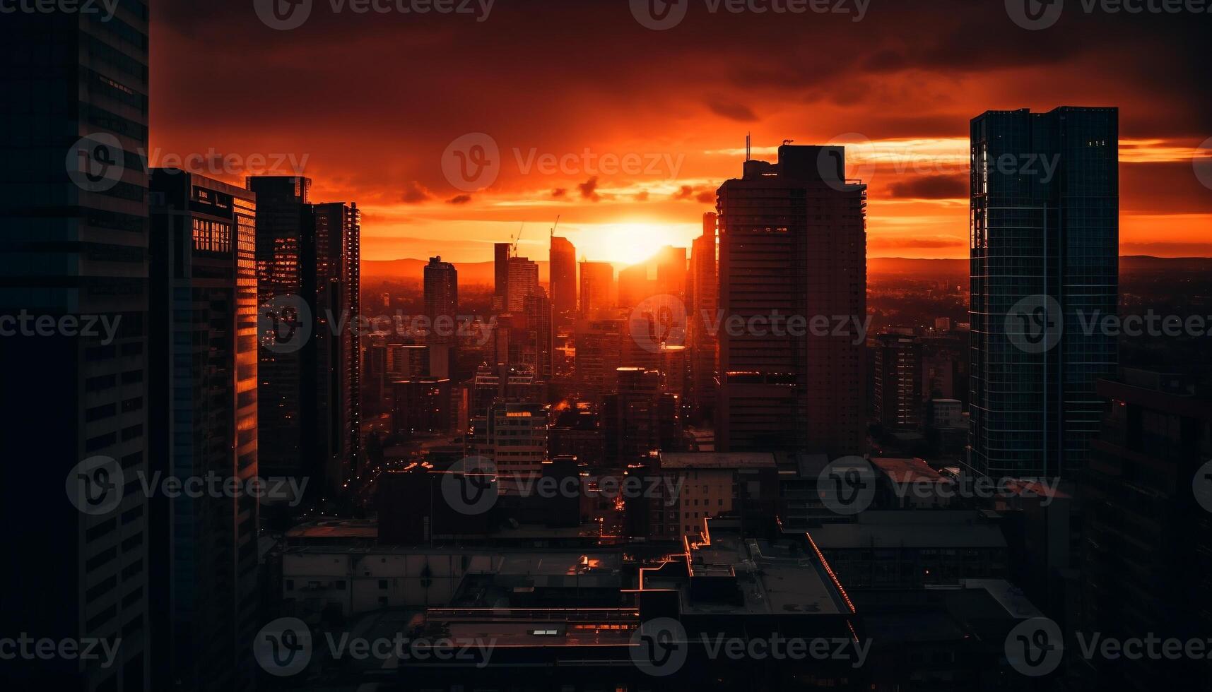 embrasé paysage urbain à crépuscule, moderne architecture illuminé généré par ai photo