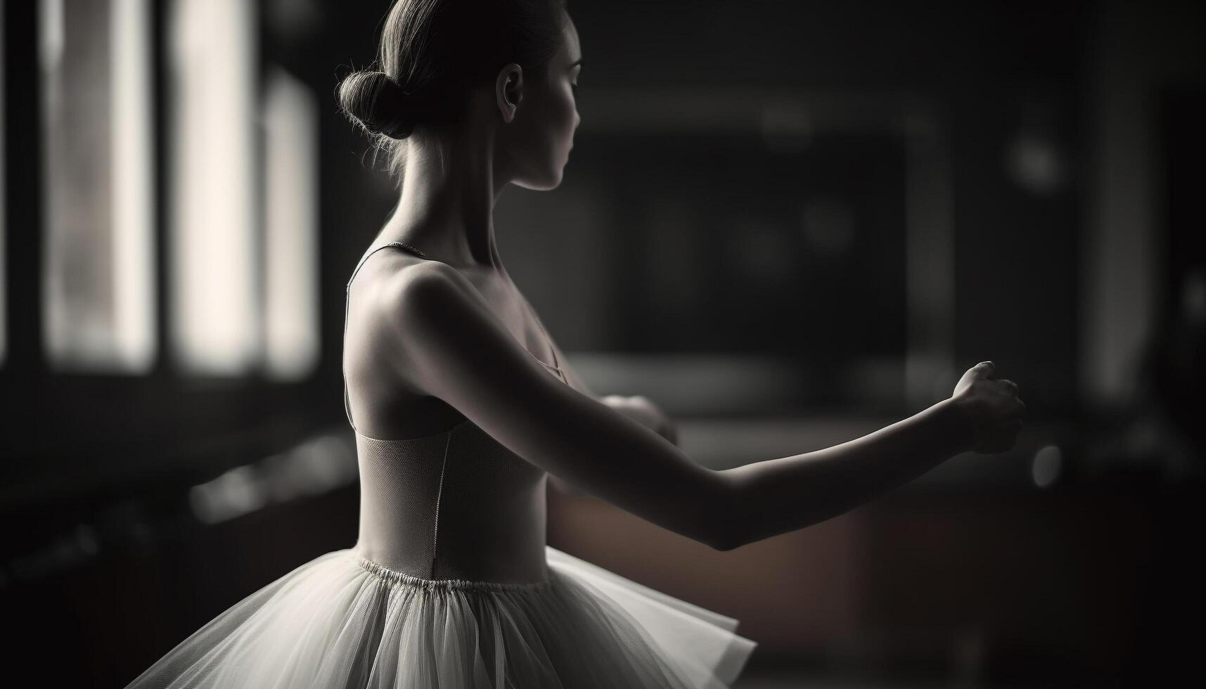 magnifique ballet Danseur pratiquant dans monochrome studio généré par ai photo