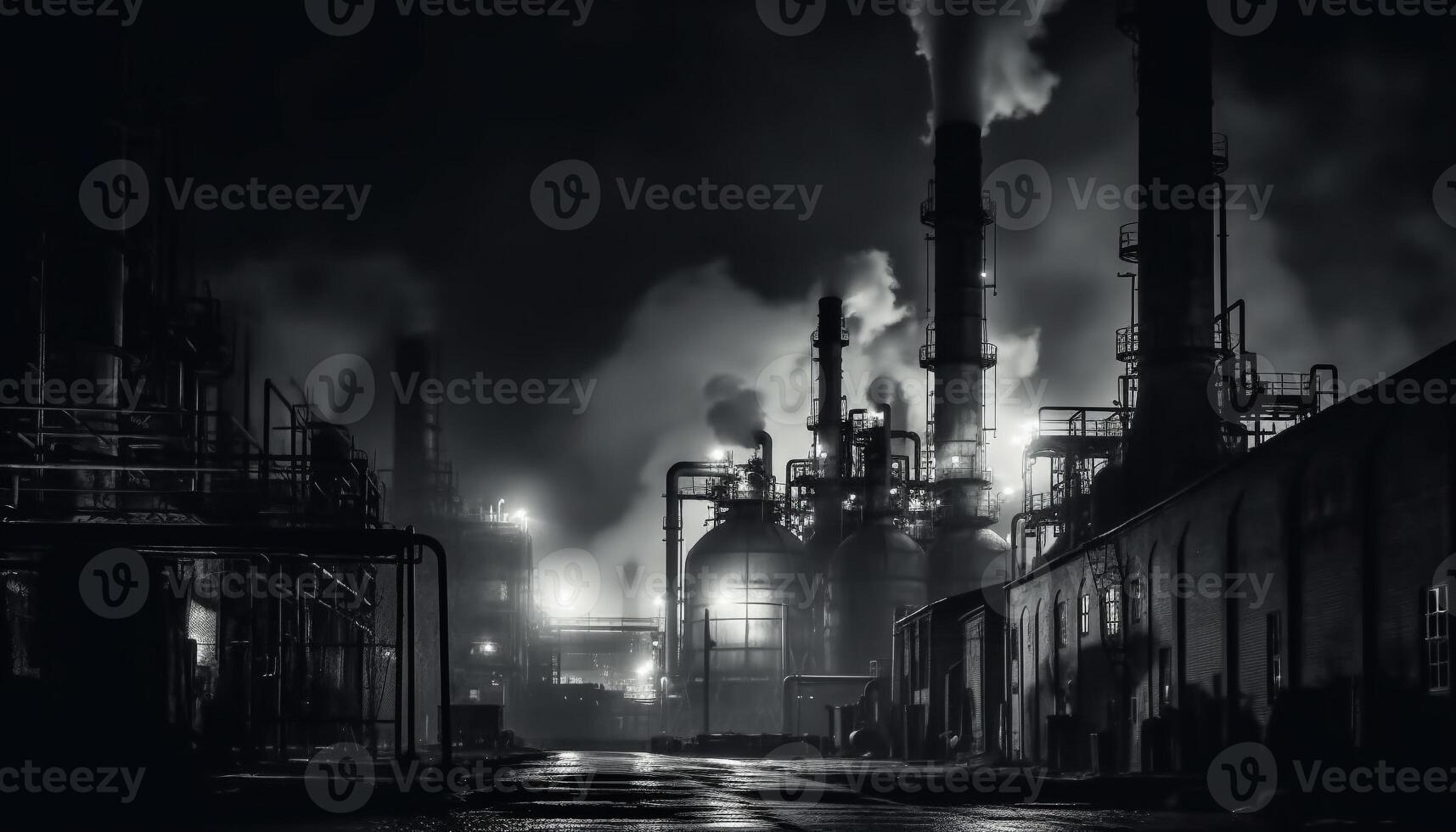 la nuit raffinerie émet fumées de cheminées, pollué le environnement généré par ai photo