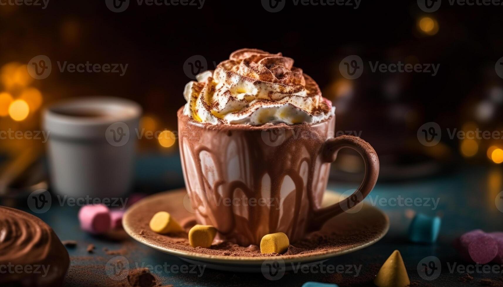 indulgent chaud Chocolat avec fouetté crème et guimauve sur bois table généré par ai photo