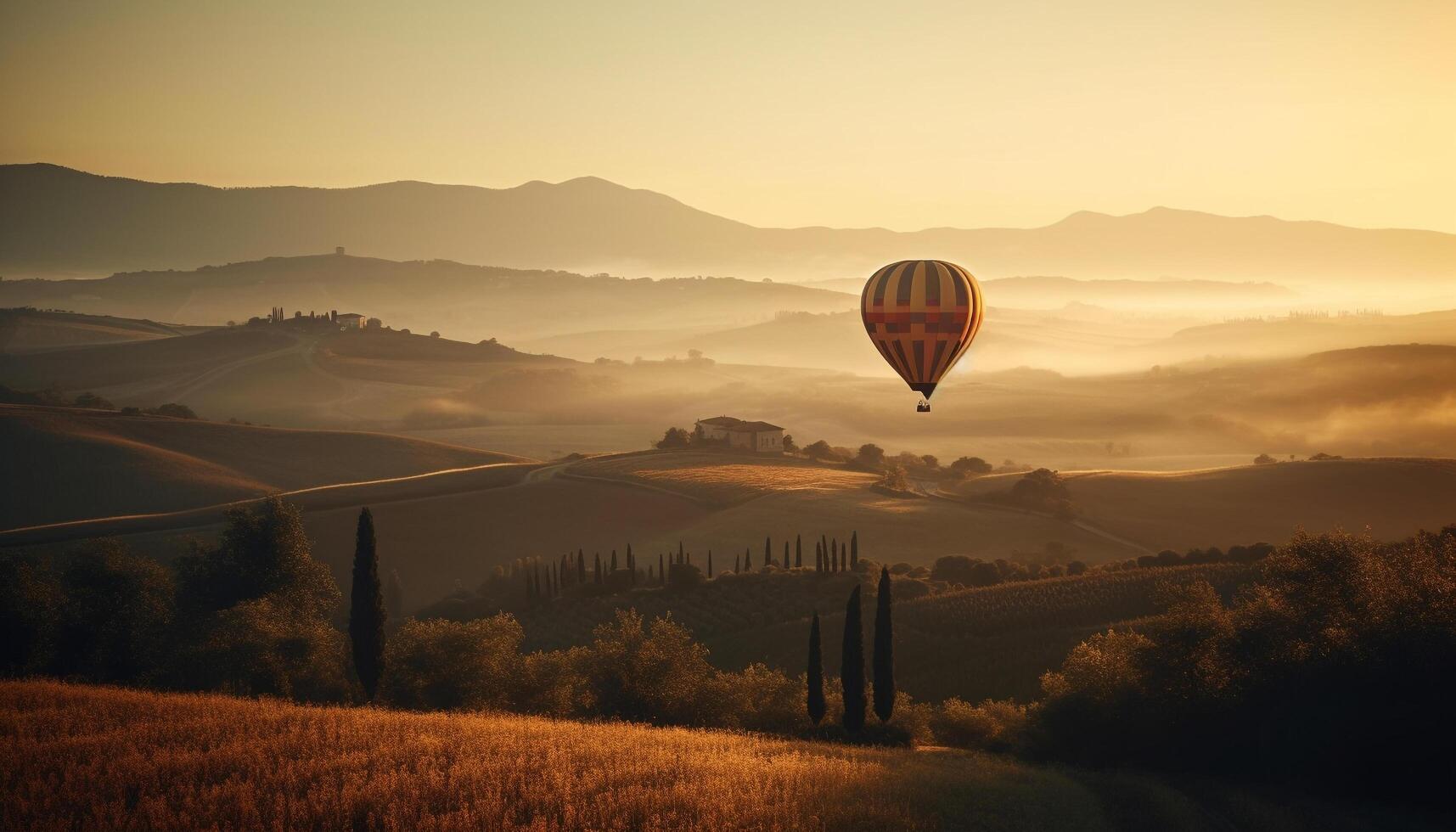 multi coloré chaud air ballon flotteurs plus de tranquille rural paysage généré par ai photo