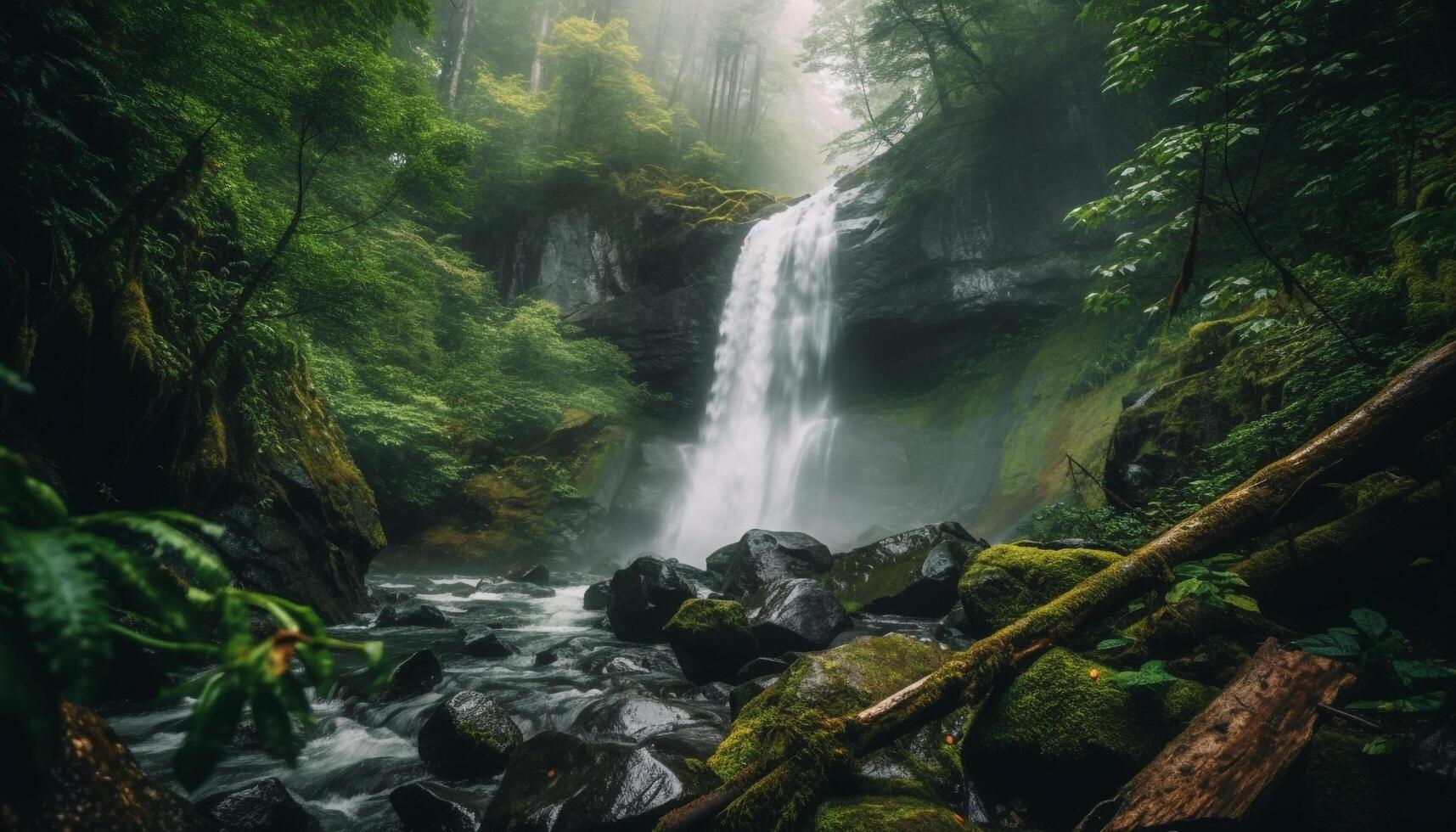 tranquille scène de tropical forêt tropicale, humide feuilles, et écoulement l'eau généré par ai photo