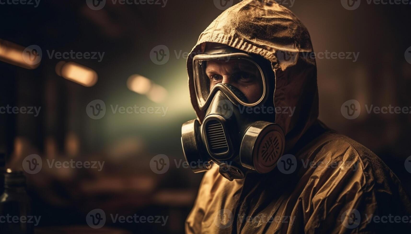 un homme dans protecteur costume et gaz masque travaux en plein air généré par ai photo