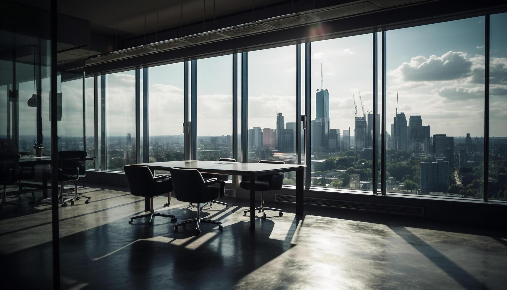 moderne Bureau chaise dans Urbain ligne d'horizon, à la recherche par verre fenêtre généré par ai photo