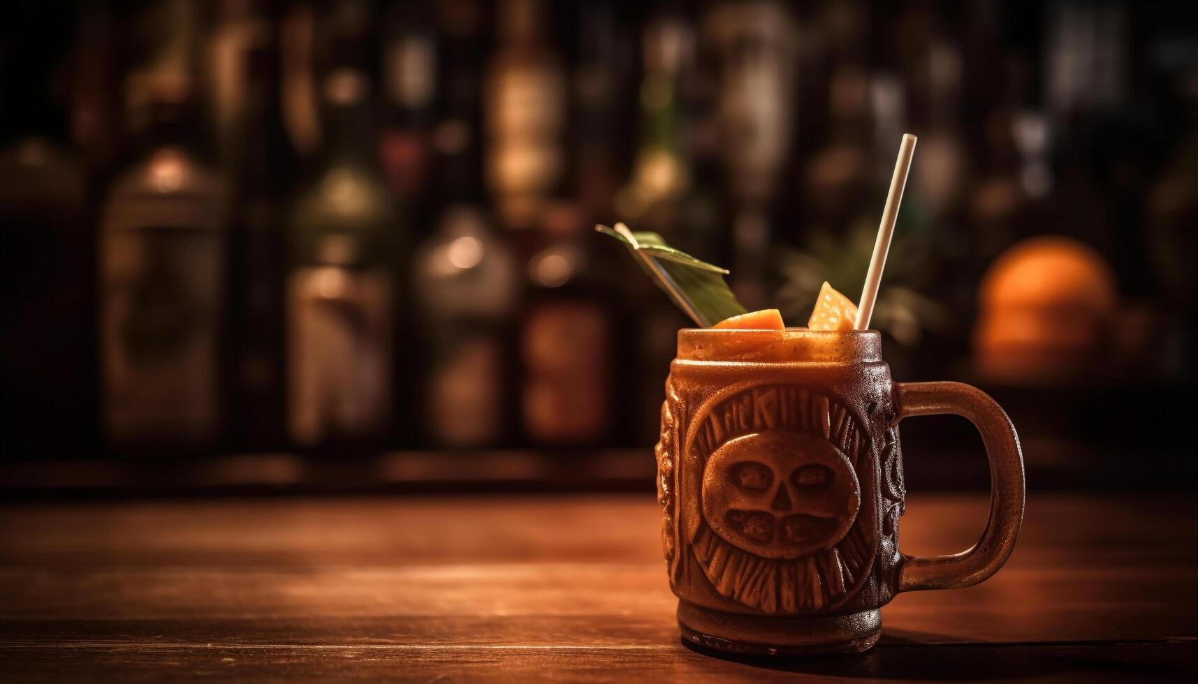 rustique bar table avec Frais des cocktails et whisky bouteille décoration généré par ai photo