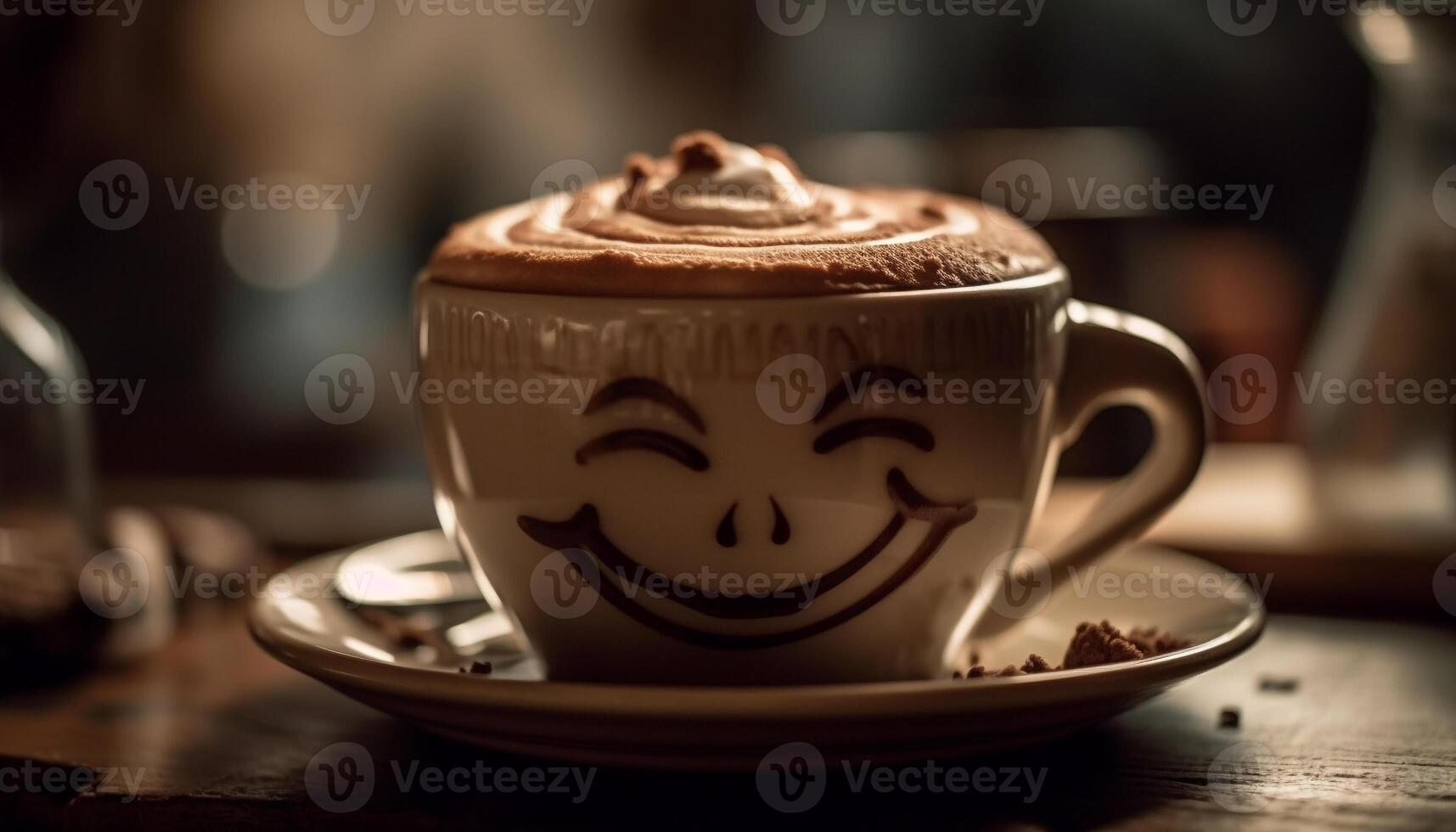 café magasin table détient mousseux boissons, chaud chocolat, et soucoupes généré par ai photo