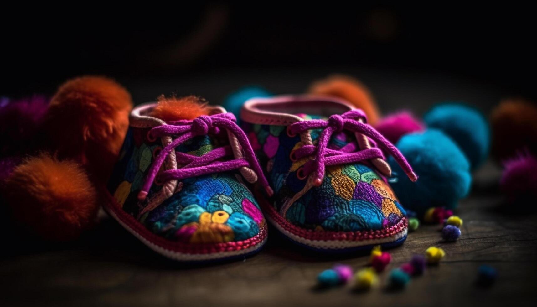 multi coloré la laine bébé chaussons, mignonne décoration pour nouveau née fête généré par ai photo