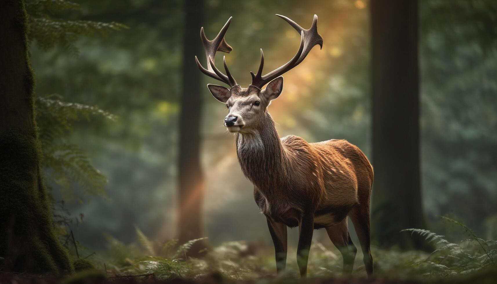 cornu cerf broute dans tranquille prairie, entouré par la nature beauté généré par ai photo