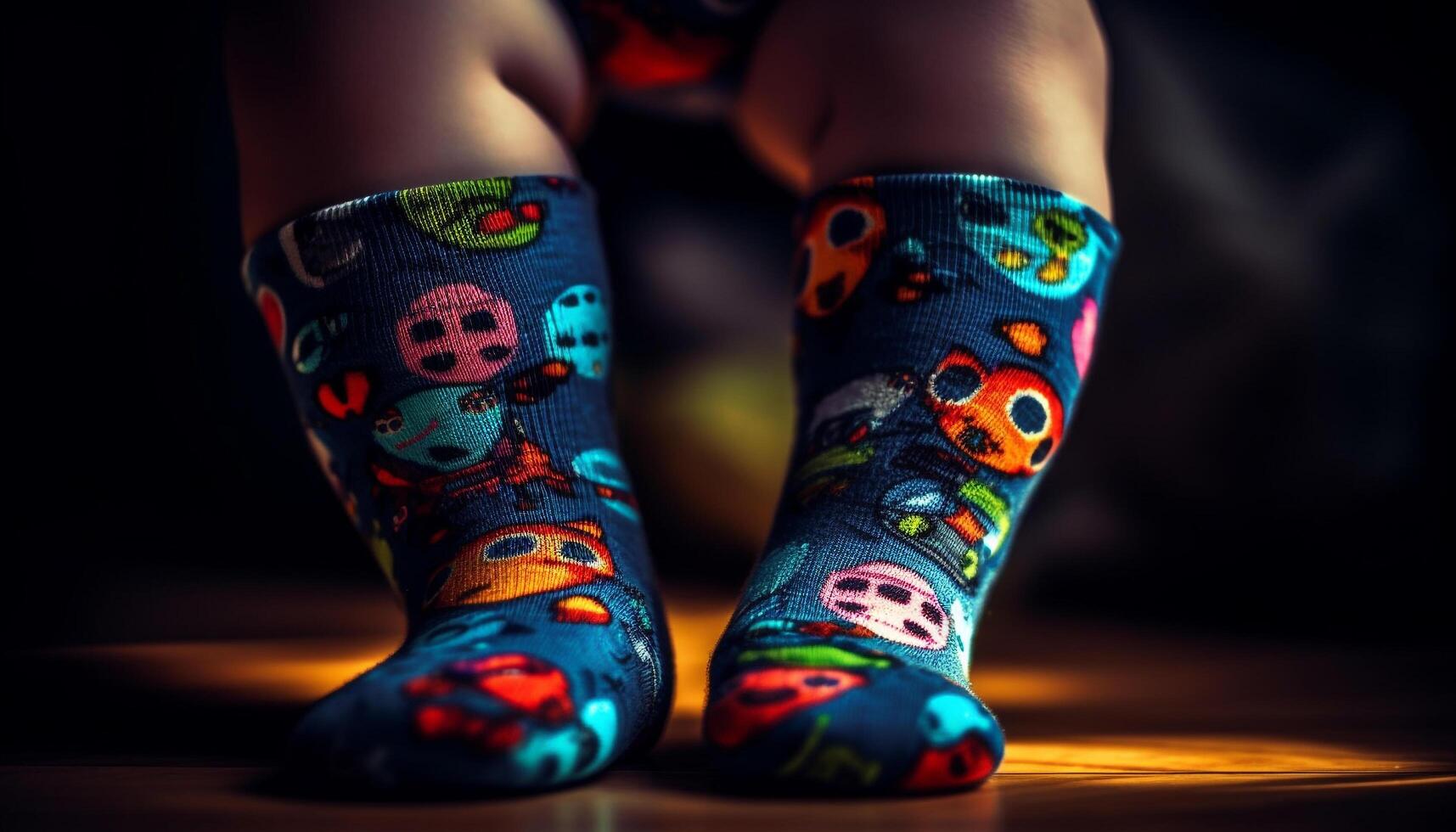 mignonne enfant chaussette réchauffe en haut du froid hiver nuit sur pied généré par ai photo